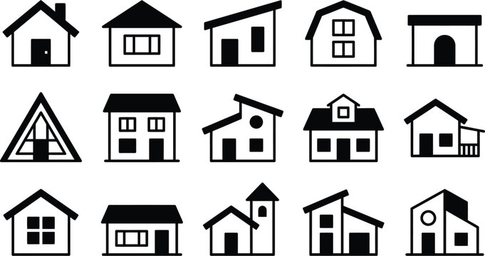House icons arranged in a grid featuring diverse residential architectural styles and building silhouettes.