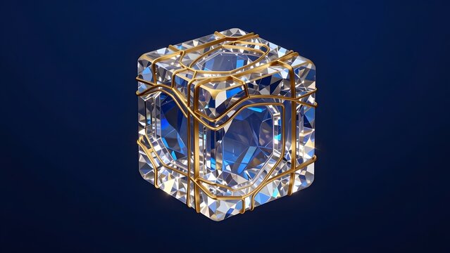 031. [STYLE] of a luminous data cube rotating slowly to reveal layered dimensions with crystal facets and gold edges, dramatic theatrical spotlight, deep sapphire and gilt tones, abyssal background, h