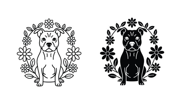 Staffordshire bull terrier dog portrait framed by flowers icon set in both clean line art and solid black silhouette for pet shop branding