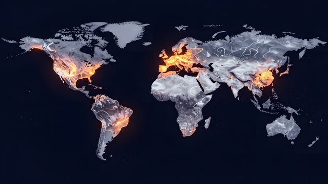 076. [STYLE] of an abstract content delivery network spreading data globally through luminous pulses with frosted polymer and chrome, dramatic side rim light, indigo and tangerine palette, deep charco