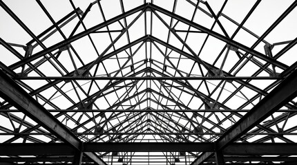 Fototapeta premium Steel roof frame structure shown in black and white for construction projects.