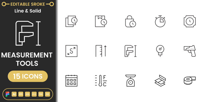 Modern measurement tools icon pack featuring rulers, precision instruments and engineering equipment clean vector set