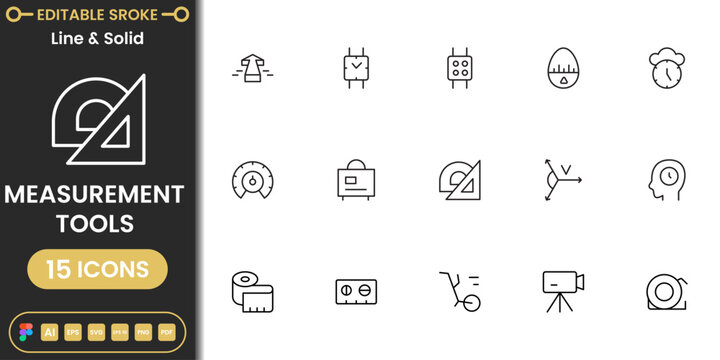 Modern measurement tools icon pack featuring rulers, precision instruments and engineering equipment clean vector set