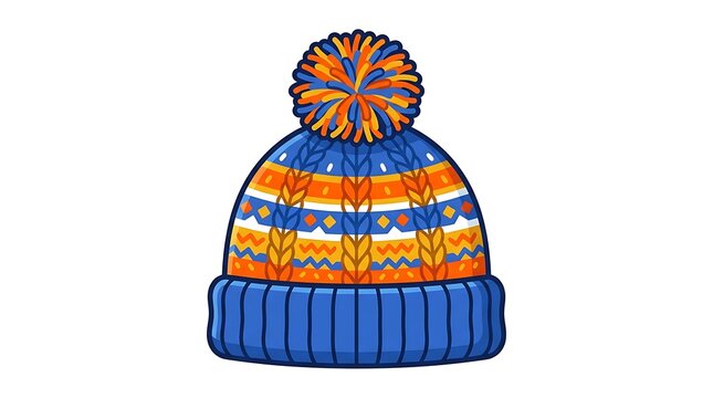 Vibrant vector illustration of a cozy knitted winter beanie, adorned with a colorful pom-pom and intricate patterns, capturing the essence of cold weather comfort and style