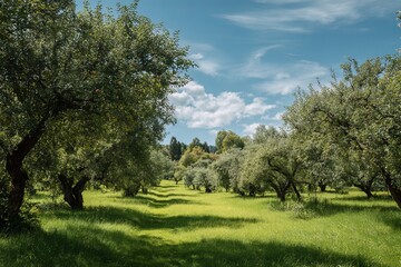 Naklejka premium Lush orchard with apple trees and vibrant green grass under a blue sky
