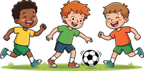 Happy Kids Playing Soccer Together Cartoon Illustration with Football Ball and Outdoor Sports Activity Scene © Vector Saga