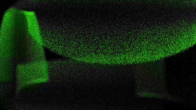Green particle cloud forming a rectangular shape on black background rectangle