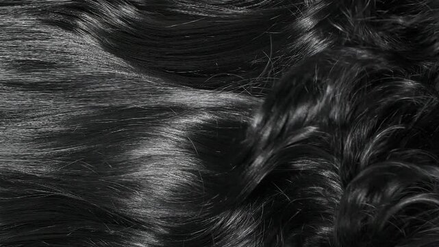 Closeup beautiful female black long curly hair texture background in slow motion