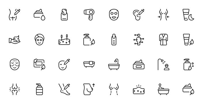 Body care icon set. Minimal line icons. Includes injection, foam, nail polish, hair treatment, facial, shower, lotion & more. Editable vector stroke.