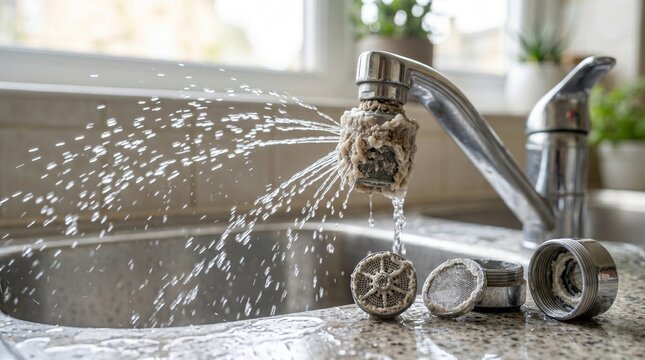 Limescale buildup on kitchen faucet aerator causing water spray issues and plumbing maintenance needs in modern kitchen sink environment. Featuring calcified tap components and hard water