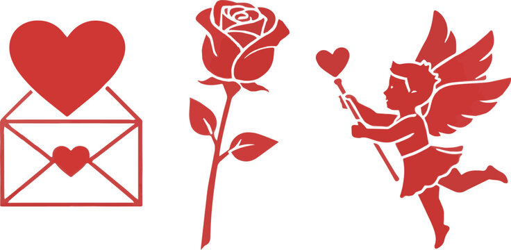 A cherub shoots a heart from a bow at a rose and an envelope on Valentine's Day