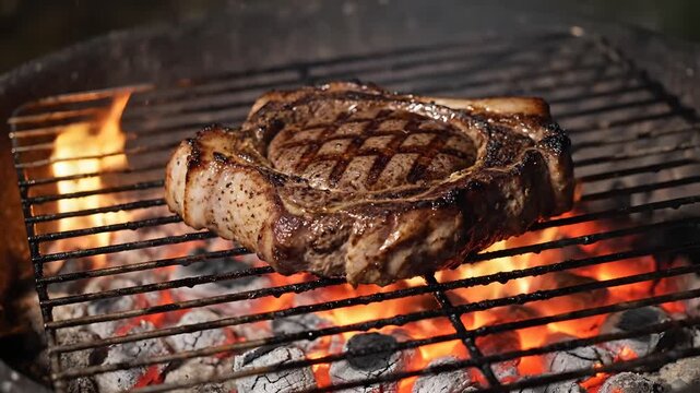 T-bone steak grilling on a barbecue with flames underneath