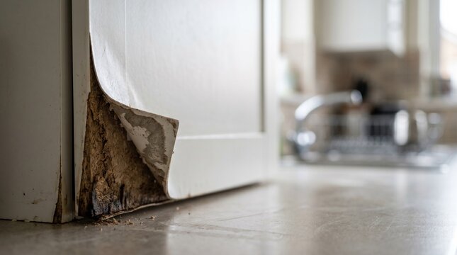 Water damaged kitchen cabinet door showing wood rot and peeling laminate surface. Essential for home inspection services, renovation contractors, property maintenance experts, and insurance