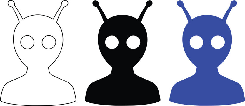 Alien head vector icon set, extraterrestrial humanoid character silhouette, space invader symbol, UFO creature graphic element for science fiction and cosmic themes