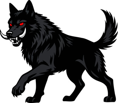 Fierce Black Wolf with Glowing Red Eyes, White Tusks, and Spiky Mane Depicted in Dynamic Fantasy Artwork