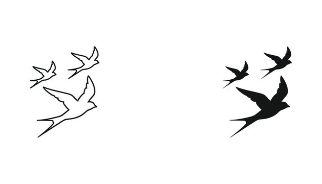 Three soaring swallow birds in flight in outline and solid black icon design for nature and freedom concepts