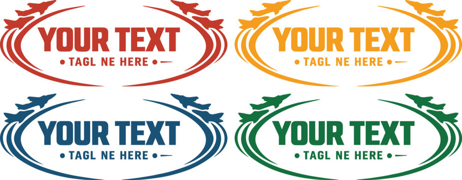 Dynamic jet plane vector frames, a set of four customizable oval badges with fighter aircraft, perfect for aviation-themed logos, labels, or military event branding.