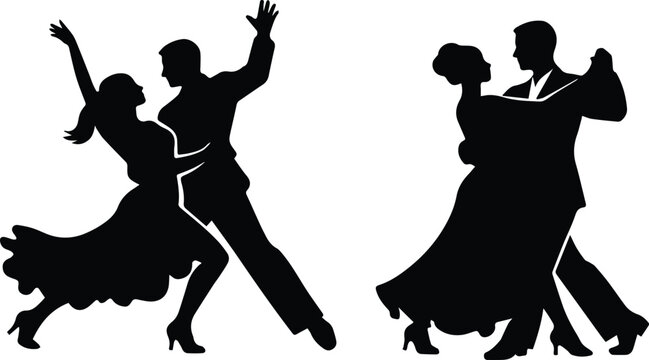Dynamic black silhouette vector of two couples dancing, elegant ballroom dance poses, expressive movement, romantic and passionate partner dancing, isolated graphic element for event design.