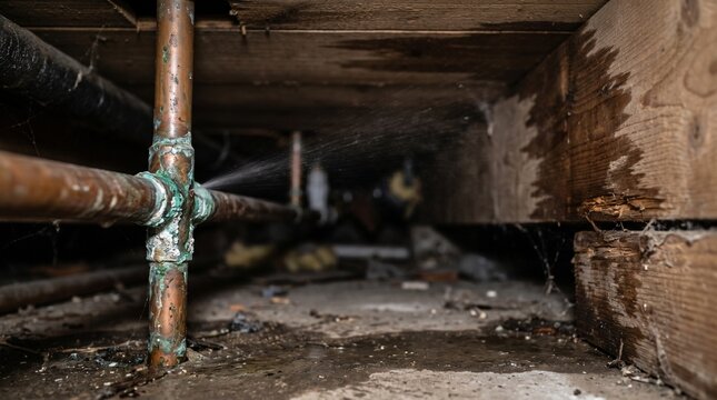 Plumbing leak in copper pipe under floorboards with water spraying out. Featuring corroded metal and wet wooden beams in a dark crawl space. Emergency home maintenance and repair.