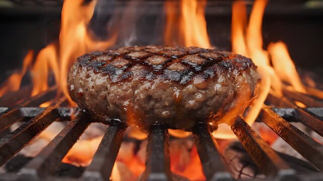 Juicy beef hamburger patty grilling on a barbecue with flames and grill marks