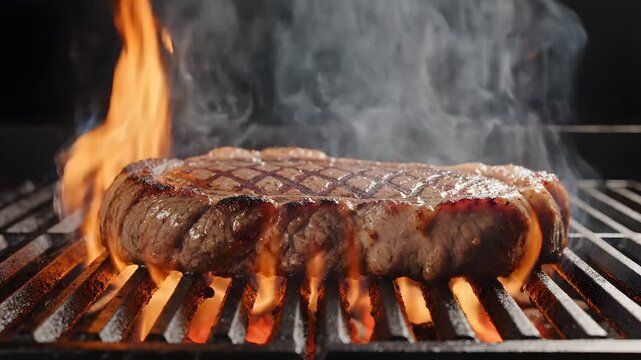 Juicy steak grilling on a barbecue with flames and smoke rising