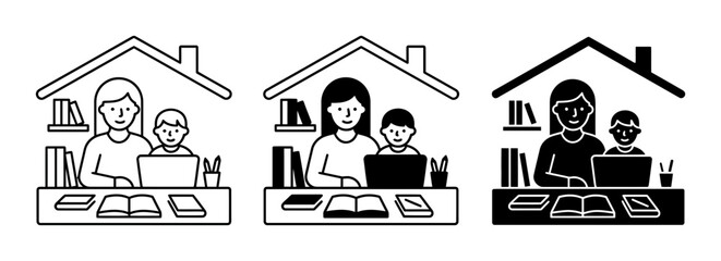 Fototapeta premium Family education silhouette icons, mother child studying at home with laptop books, solid black style, remote learning