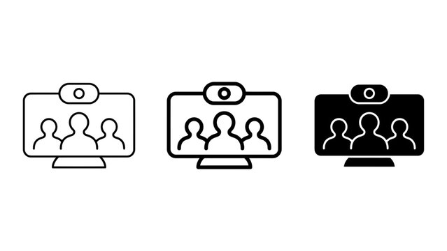 Three video conference silhouette icons on a monitor screen, solid black style, online meeting communication.