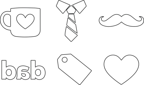 Minimalist black and white vector icon set for Father's Day, a collection of 6 simple outline illustrations, perfect for masculine themes and gift tags.