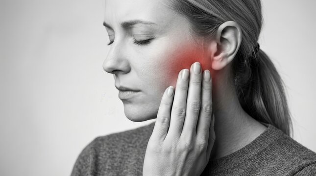 Facial pain and jaw ache highlighted in red for TMJ disorder symptoms