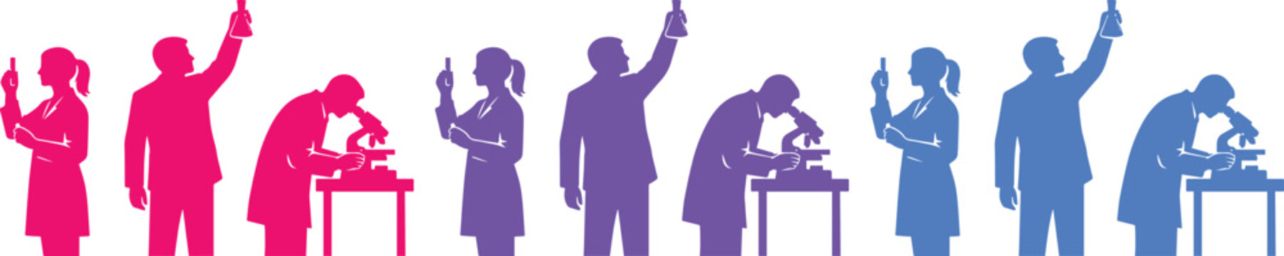 Scientific research team vector illustration, diverse scientists working with microscopes and test tubes, vibrant gradient silhouettes, modern medical and laboratory concept for healthcare and