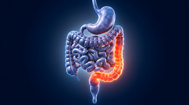 Human digestive system showing inflammation or pain in the colon and large intestine - 3d illustration