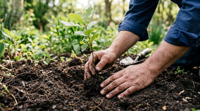 Man hands planting a small oak sapling in dark soil outdoors for gardening and environmental reforestation