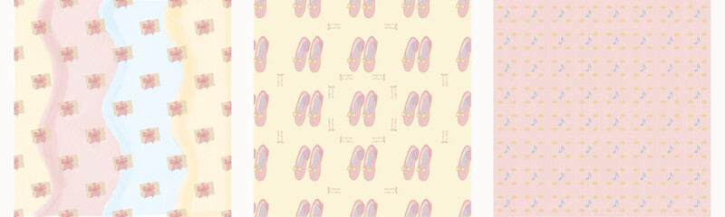 Set of seamless patterns with ballet slippers, gift boxes and musical notes in pastel watercolor style © IGNARA