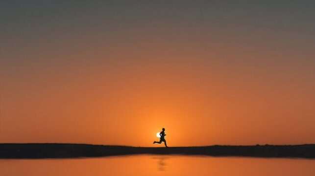 Solitary runner at sunset silhouette against vibrant orange sky on horizon