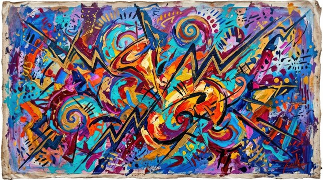 Abstract Jazz Music Painting with Colorful Brushstrokes and Musical Instruments.