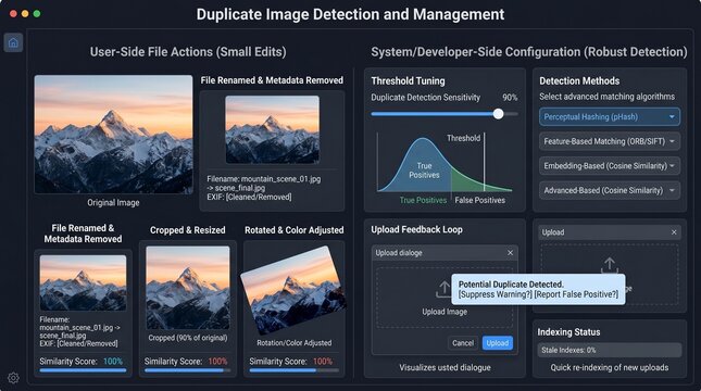 Duplicate image detection software interface, digital asset management system dashboard, professional photo metadata and file management tool