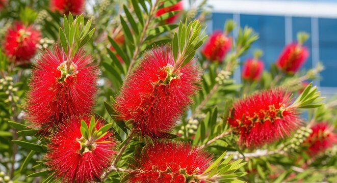 Vibrant Red Bottlebrush Flowers Blooming in Sunlight.