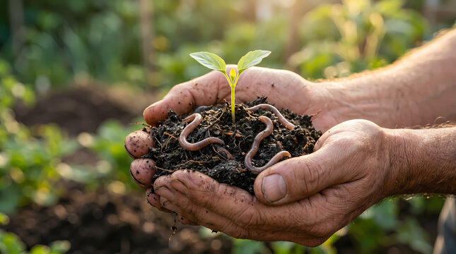 Hands holding soil with plant and worms