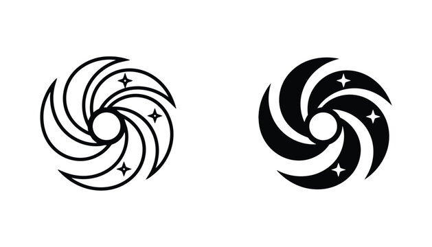 Abstract cosmic swirl or galaxy emblem logo design in line art and solid fill variations