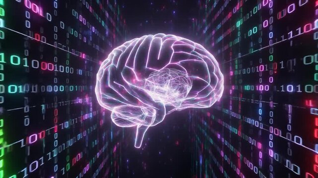 Glowing digital brain with neural pathways and binary code, symbolizing artificial intelligence, data processing, and advanced cognitive technology.