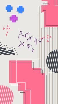 Seamless loop animation of various random multi-color objects moving irregularly on a solid gray background, featuring a Memphis style with red, black, and blue accents in vertical format