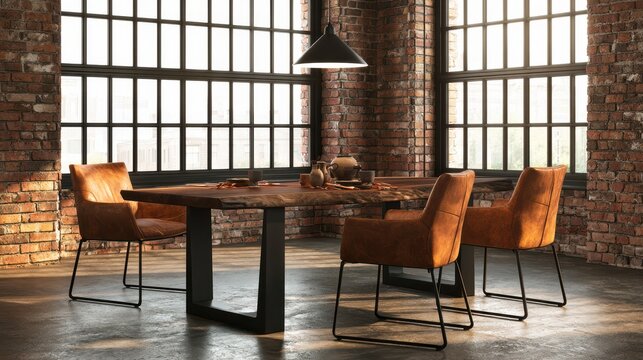 Wooden live edge dining table with leather chairs in an industrial loft setting with brick walls for interior design marketing