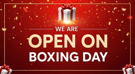 Boxing day sale announcement with gift boxes and golden confetti on a red background