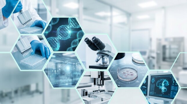 Biotechnology research laboratory concept, scientific medical collage with DNA helix and microscope, futuristic healthcare technology background