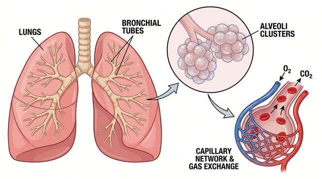 Human respiratory system anatomy illustration with lungs bronchial tubes and alveoli