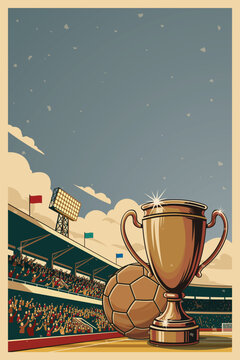 Golden trophy and soccer ball with confetti in the stadium for champion celebration poster retro style vertical template have blank space.