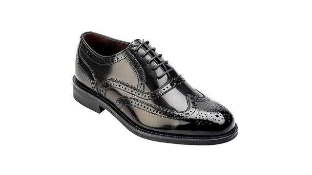 Single classic black leather men dress shoe with shiny texture and elegant fashion design on transparent background