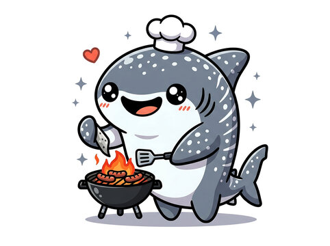 Cute whale shark chef character cooking sausages on small grill with chef hat and heart symbol, kawaii animal mascot illustration on white background for kitchen decor or restaurant design.