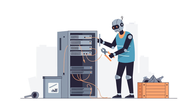 Robot technician fixing server rack with tools, data center maintenance, AI technology concept