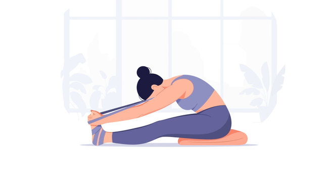 Woman stretching hamstrings with resistance band, seated forward bend yoga pose